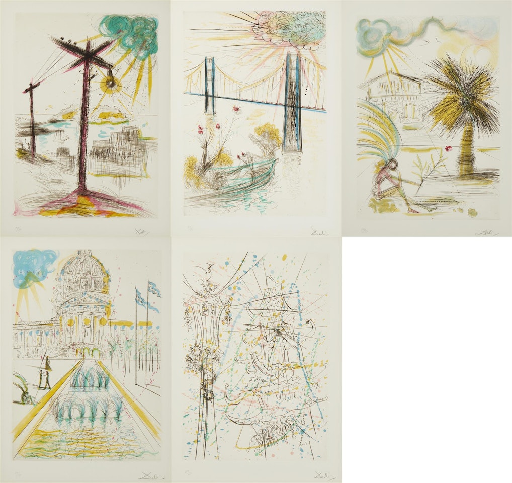 Five works - (San Francisco Suite - Telegraph Hill, San Francisco Suite - Chinatown, San Francisco Suite - City Hall, San Francisco Suite - Golden Gate Bridge, San Francisco Suite - Mission Dolores) by Salvador Dali