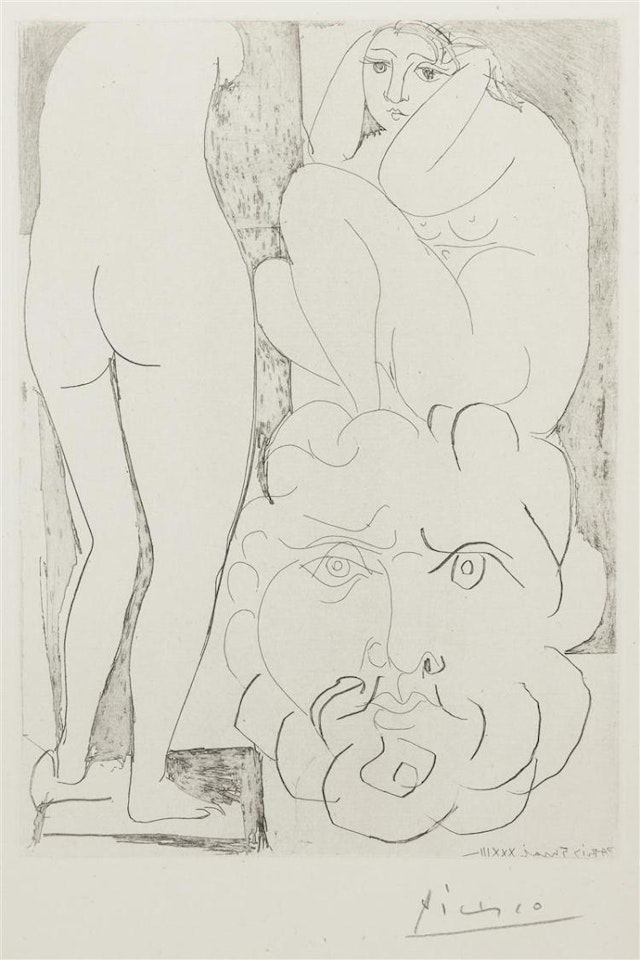 "Modèle Accroupi, Sculpture de Dos et Tête Barbue [Crouching Model, Sculpture Viewed From Behind, and Bearded Head]" (from Suite Vollard, pl. 44) by Pablo Picasso