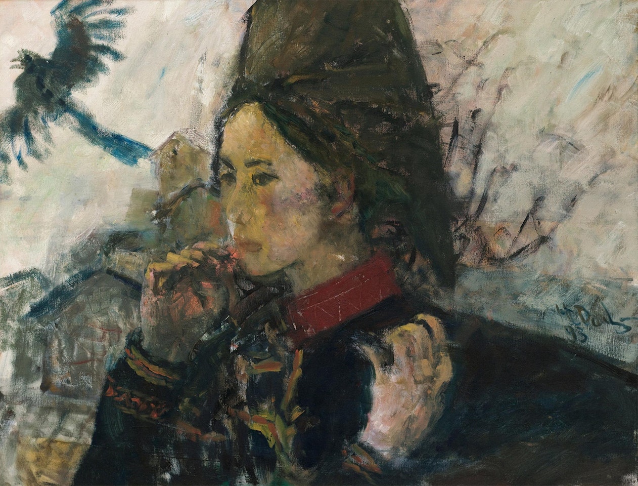 Woman, Village and Bird by He Duoling