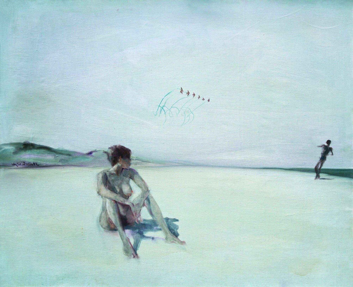 A GIRL FLYING KITES AT THE BEACH by He Duoling