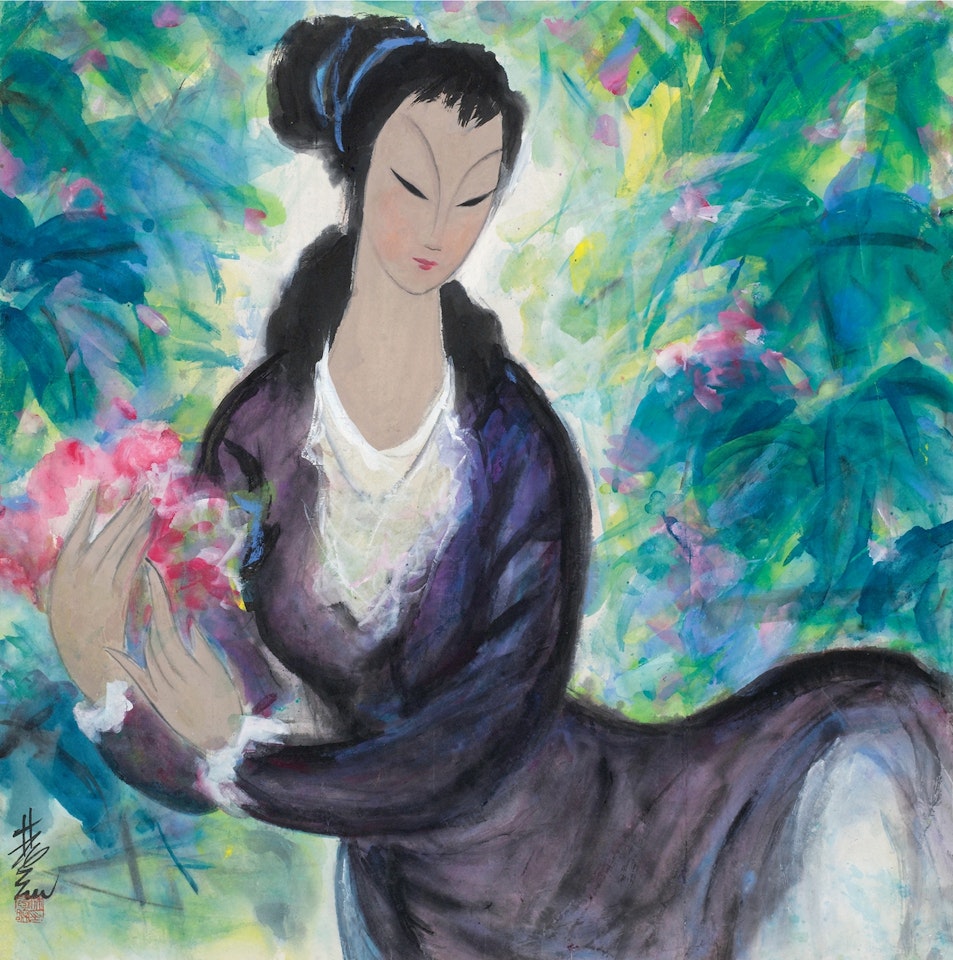Court Lady amid Flowers by Lin Fengmian