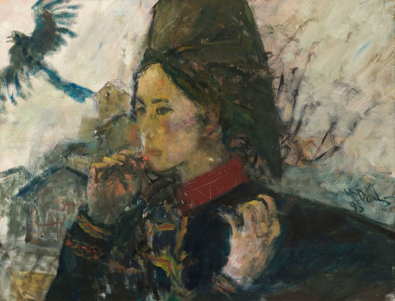 Woman, Village and Bird by He Duoling
