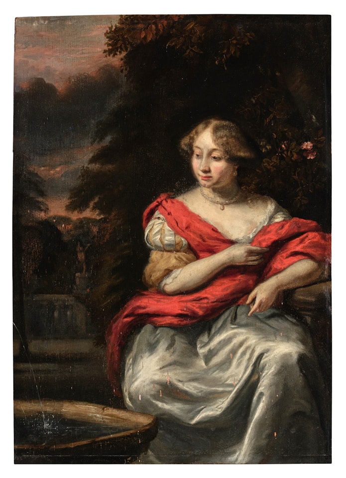 Portrait of a woman seated beside a fountain in a garden by Dutch School