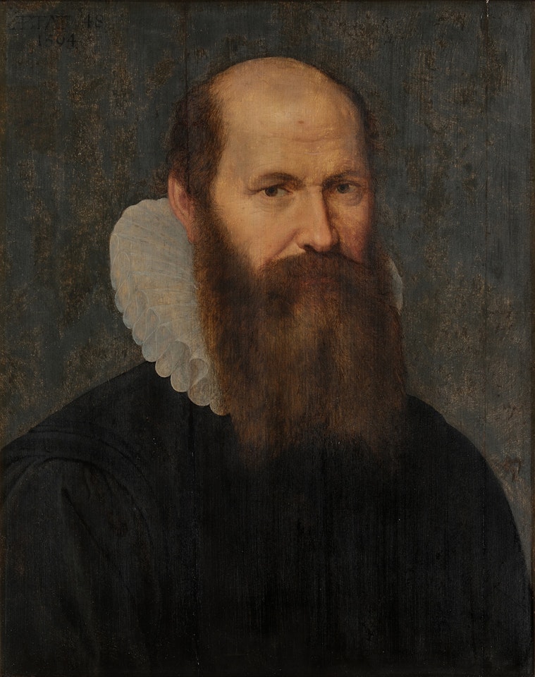 Portrait of a bearded man, aged 48, bust-length, in a black costume and white ruff by Dutch School