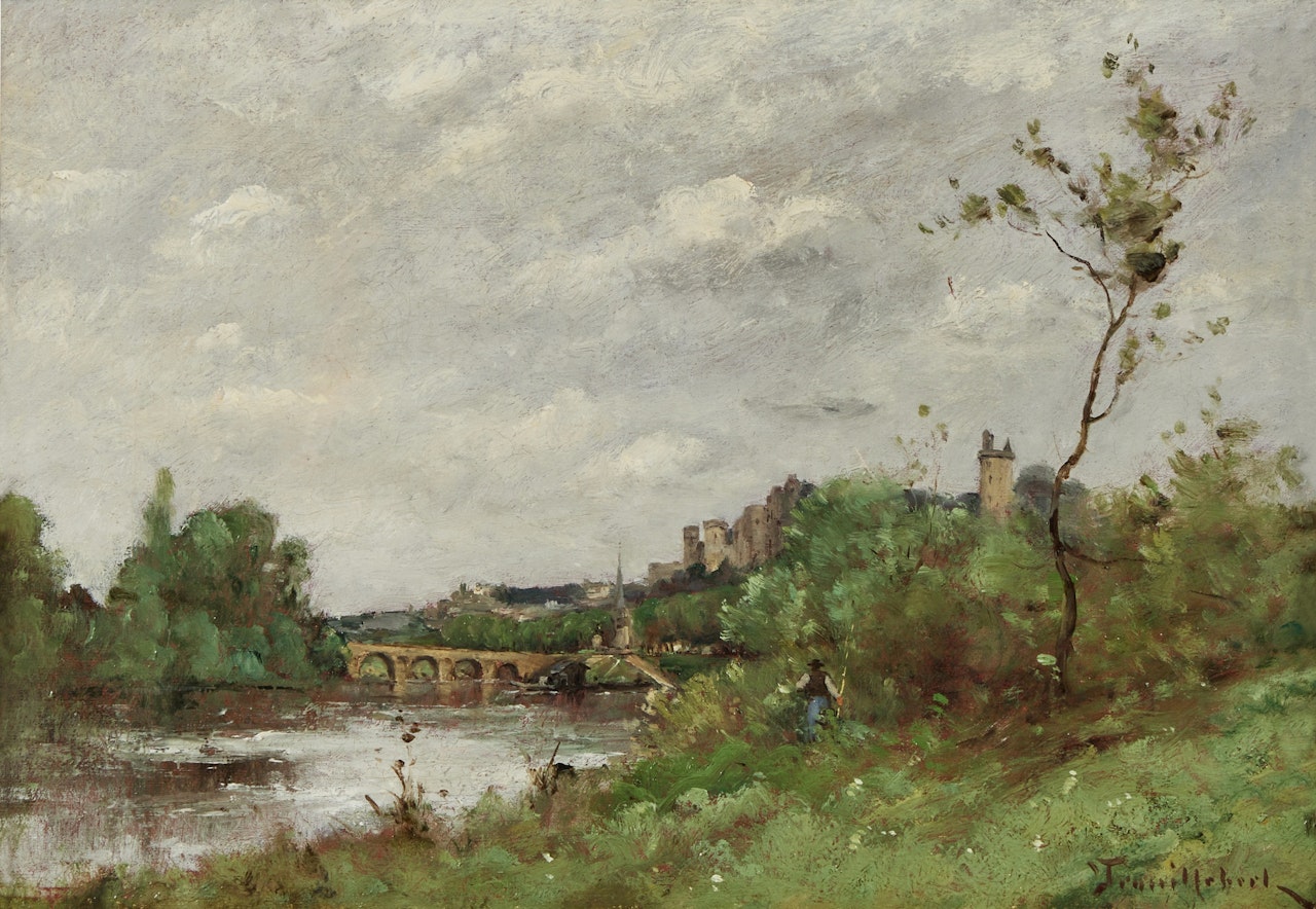 River Landscape with a Bridge and Fisherman by Paul Désiré Trouillebert