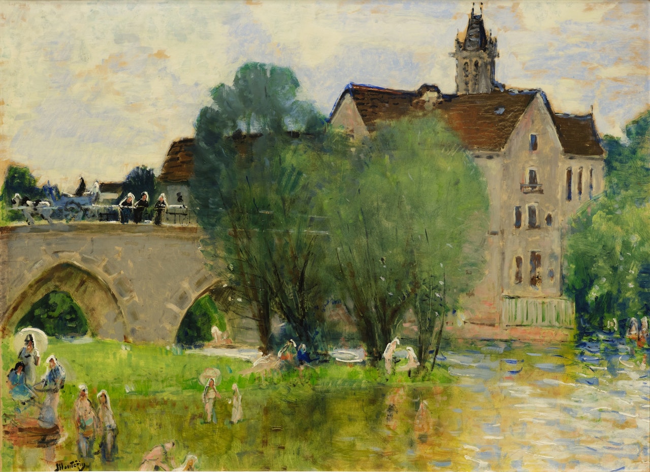 Bathing by the bridge in Moret sur Loing by Pierre Eugène Montezin