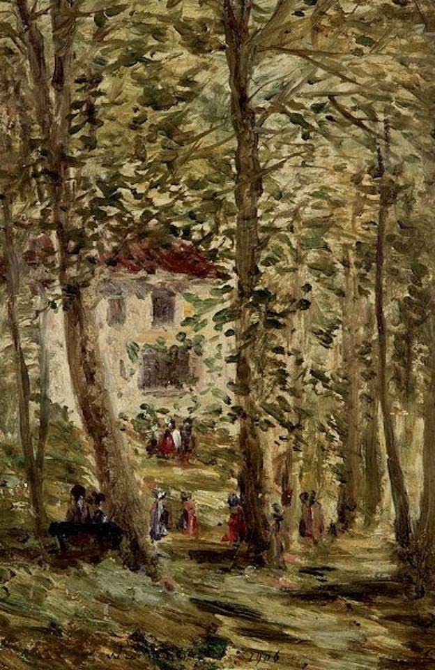Walkers in the undergrowth in the poplar grove by Willard Leroy Metcalf