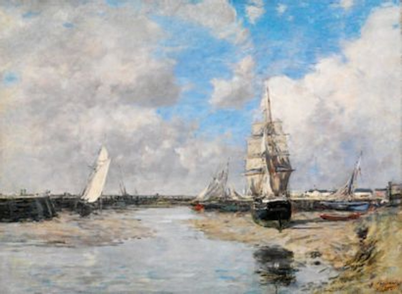 Sailboats at Trouville, the low tide jetties by Eugène Boudin