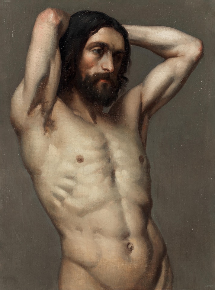 Academic standing male figure with arms raised by Continental School