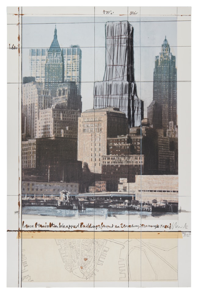 Lower Manhattan Wrapped Buildings, (Project for 2 Broadway, 20 Exchange Place) by Christo