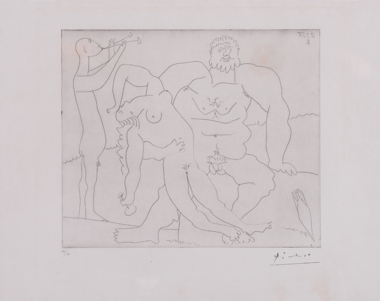 Homme nu avec femme ivre et jeune flûtiste by Pablo Picasso