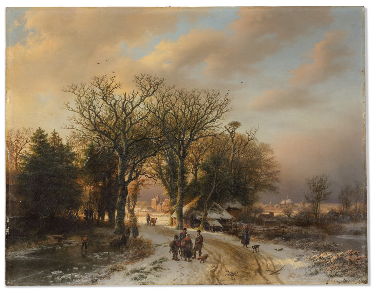 A winter landscape at dusk with villagers on a path, a village beyond by Barend Cornelis Koekkoek