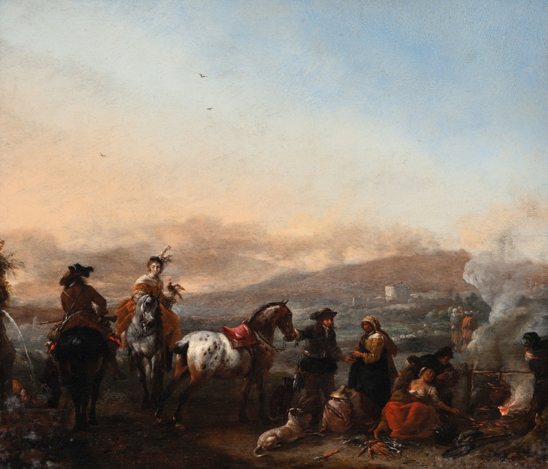 A hawking party halting by a gypsy encampment; after 1650 by Philips Wouwerman