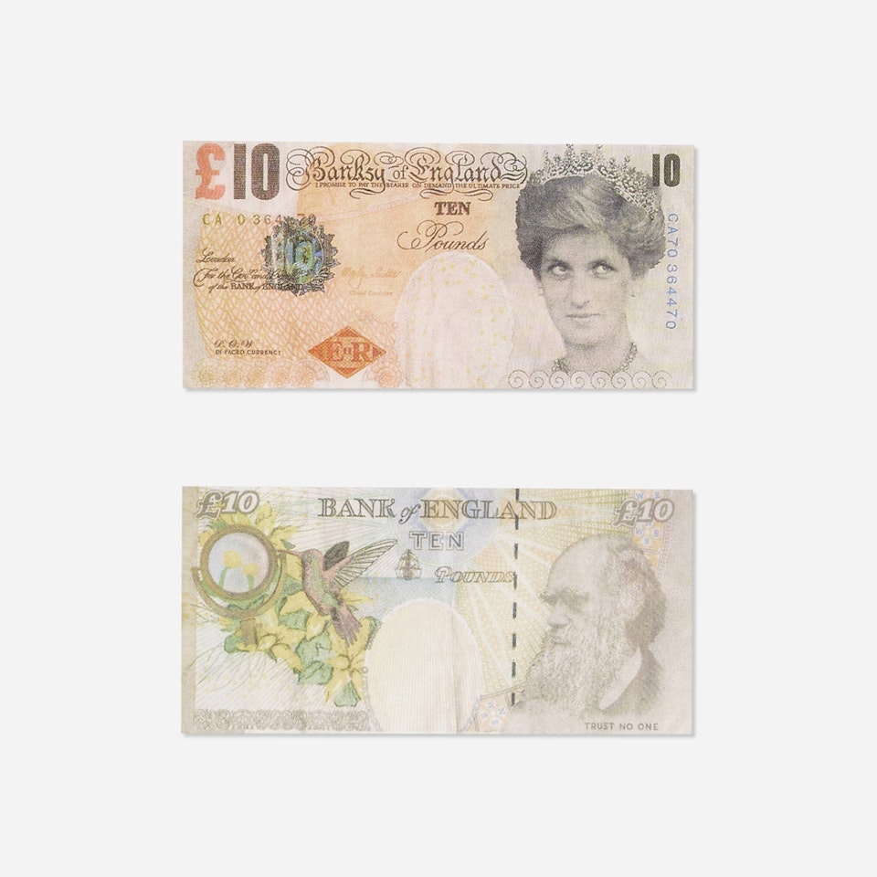 Di-faced Tenner, 10 GBP Note (two works) by Banksy