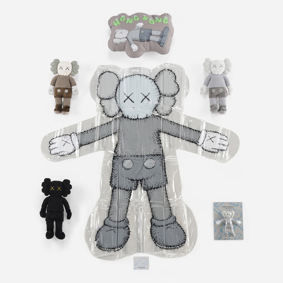 Holiday Hong Kong Floating Bed (grey); Holiday Hong Kong cushion; Holiday Hong Kong (grey); Holiday Hong Kong Plush (set of three) (six works) by Kaws