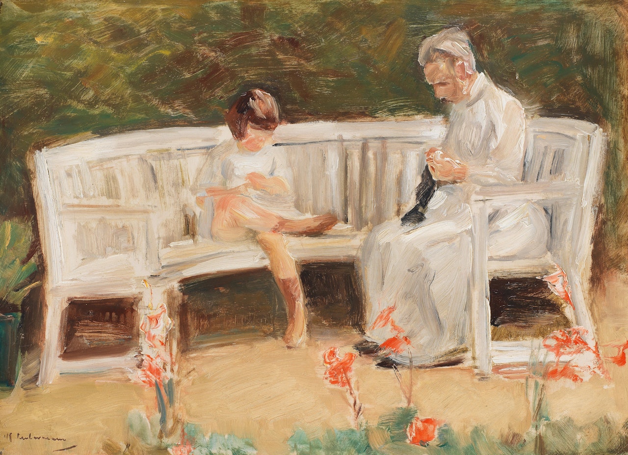 Enkelin und Kinderfrau auf der Gartenbank by Max Liebermann