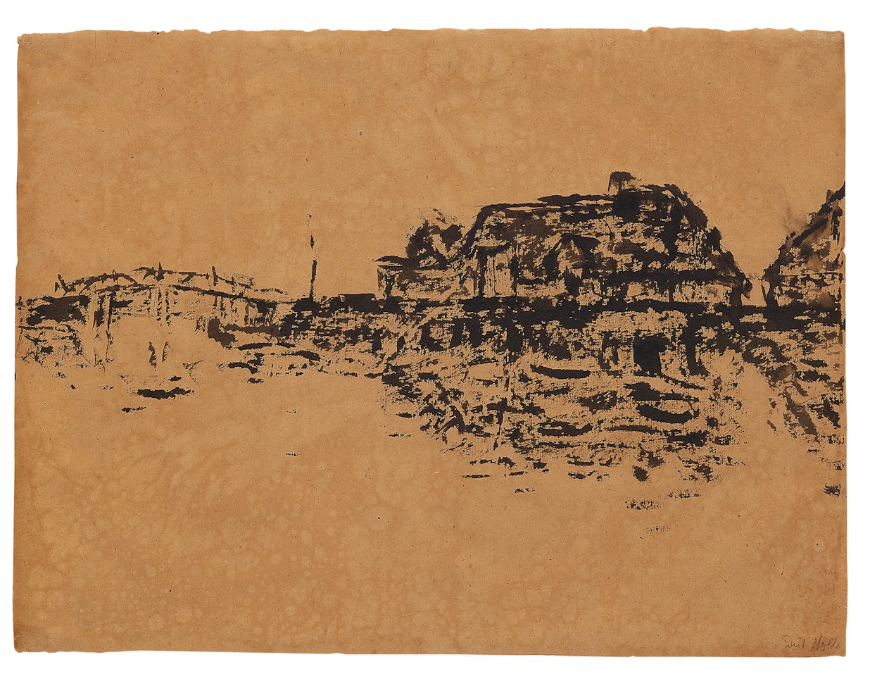 Bauernhäuser am See mit Brücke (Ruttebüll) by Emil Nolde