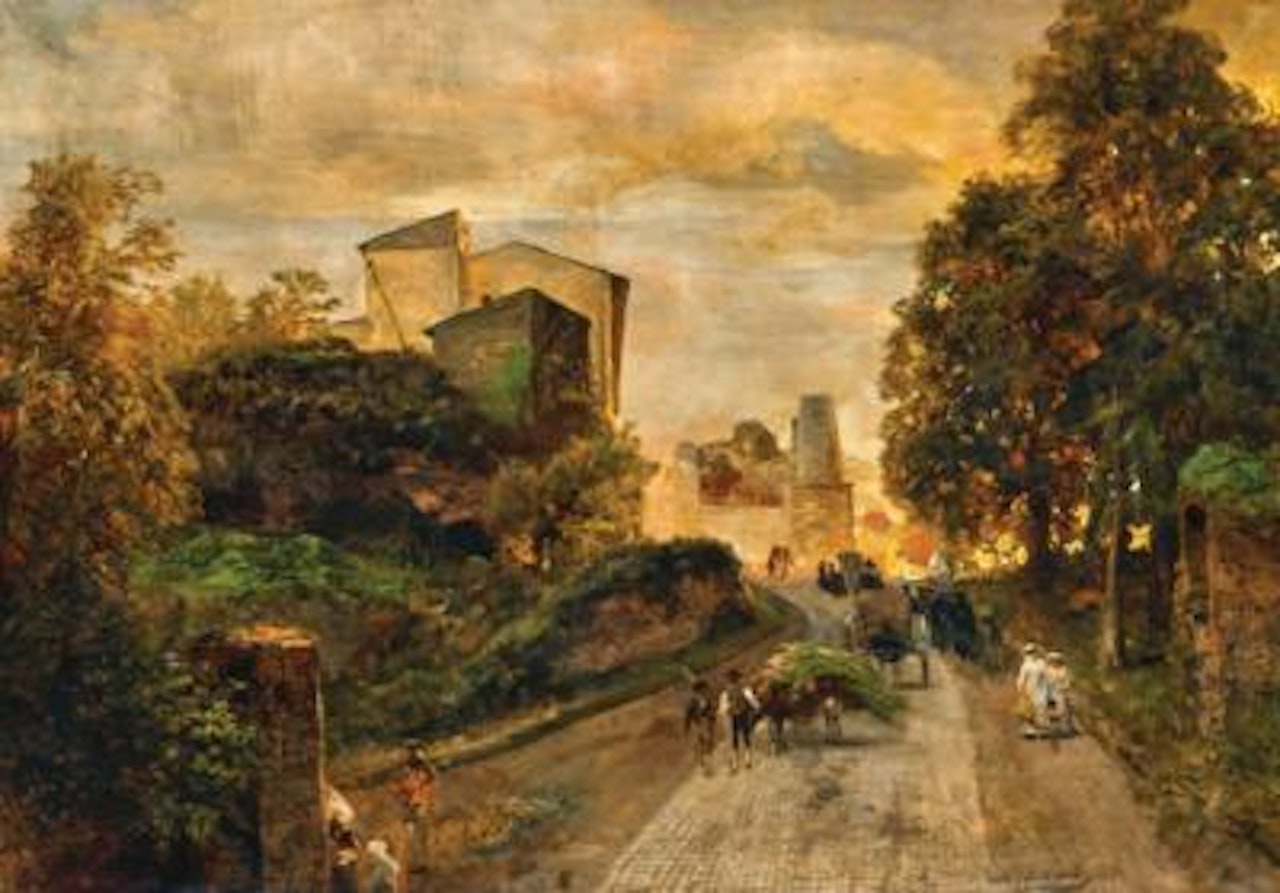Village street at sunset by Oswald Achenbach