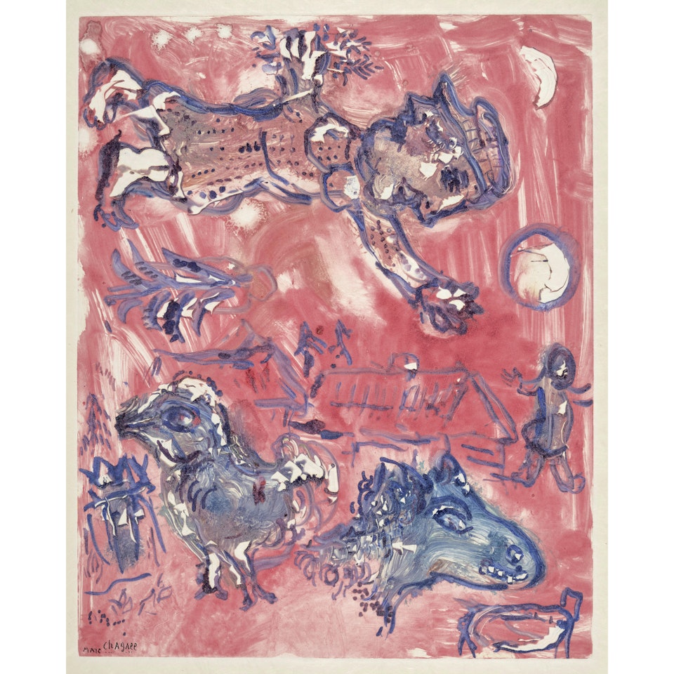 Paysage sur fond rouge (Landscape on Red Background) by Marc Chagall