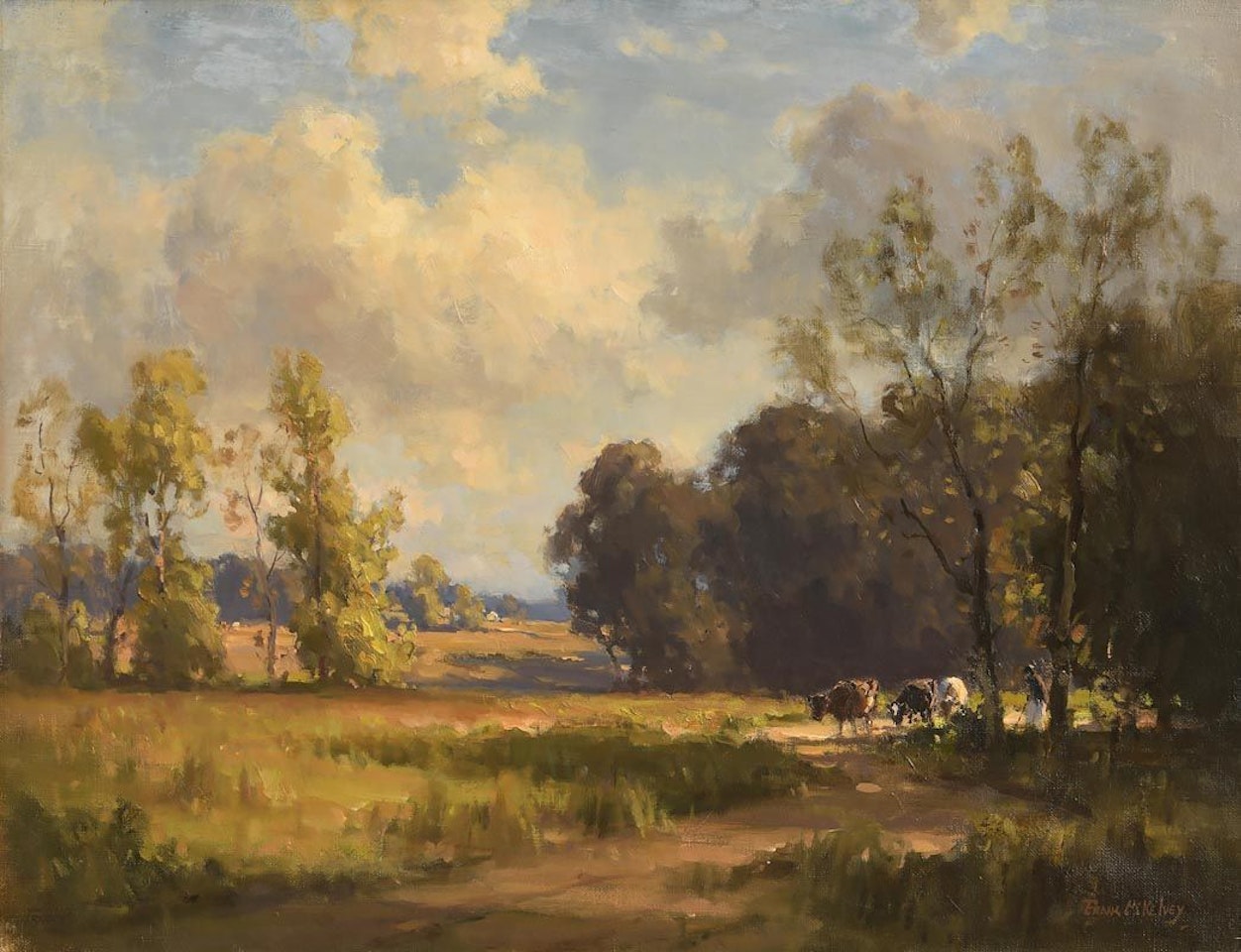 Figure and Cattle in Evening Light by Frank Mckelvey