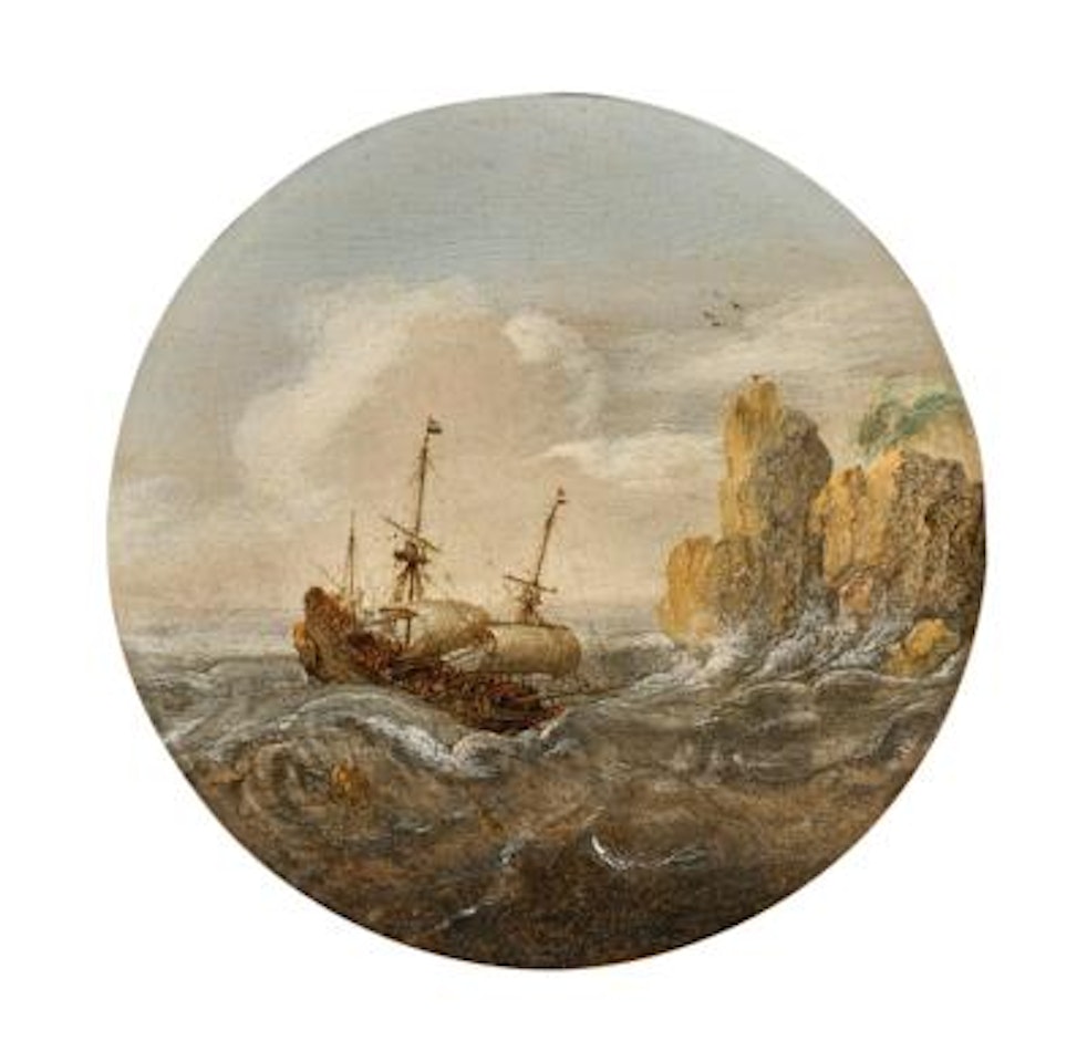 Ship in a storm near a rocky coast by Dutch School