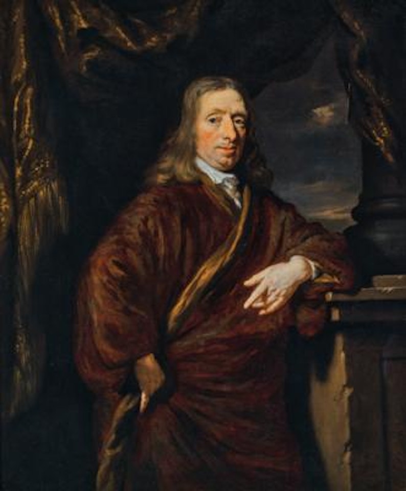 Portrait of a gentleman, wearing a brown robe, resting his left arm on the base of a column by Nicolaes Maes