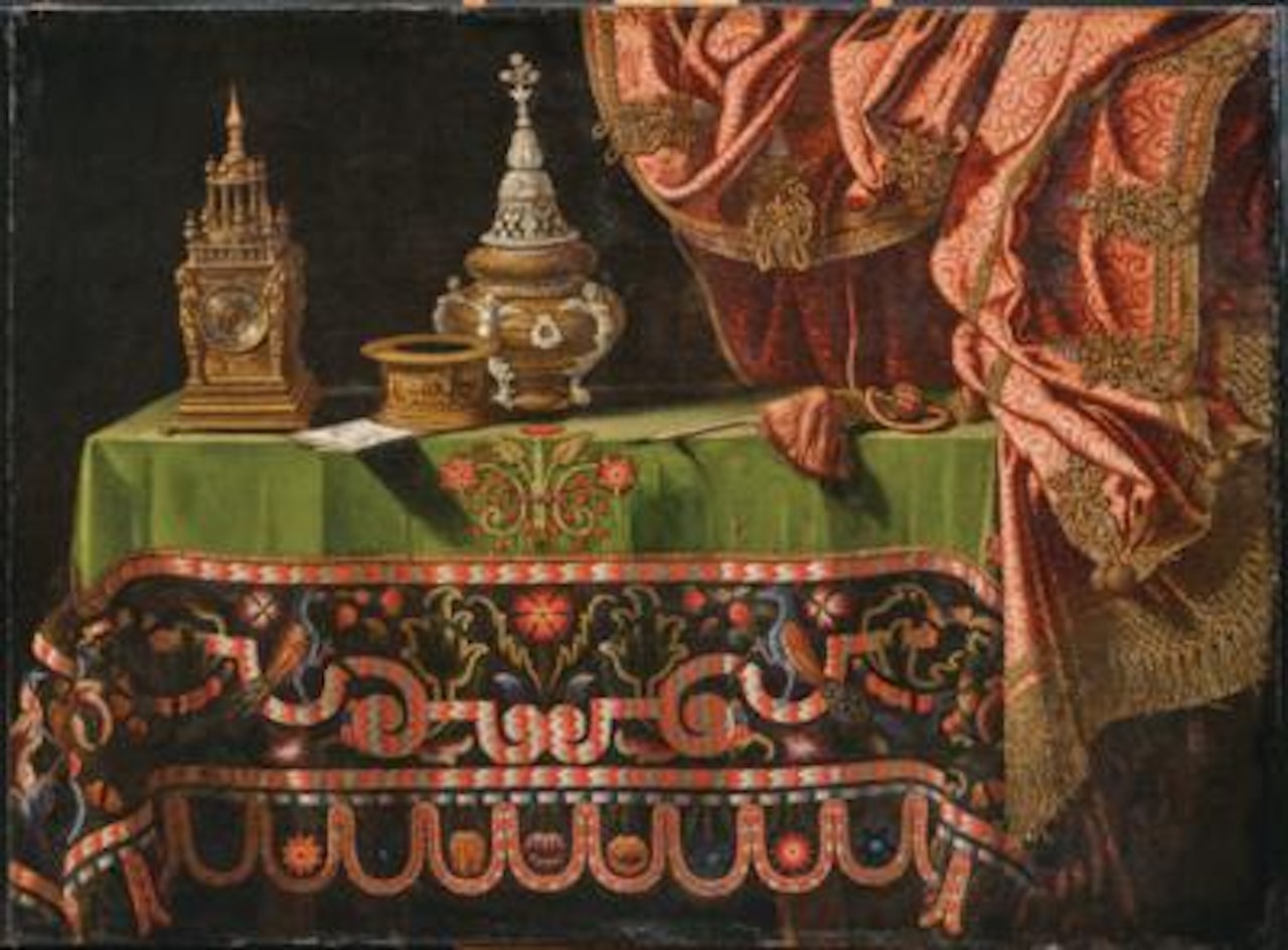 A wooden table covered with a precious embroidered tablecloth with gilded metalwork, a curtain above by Roman School