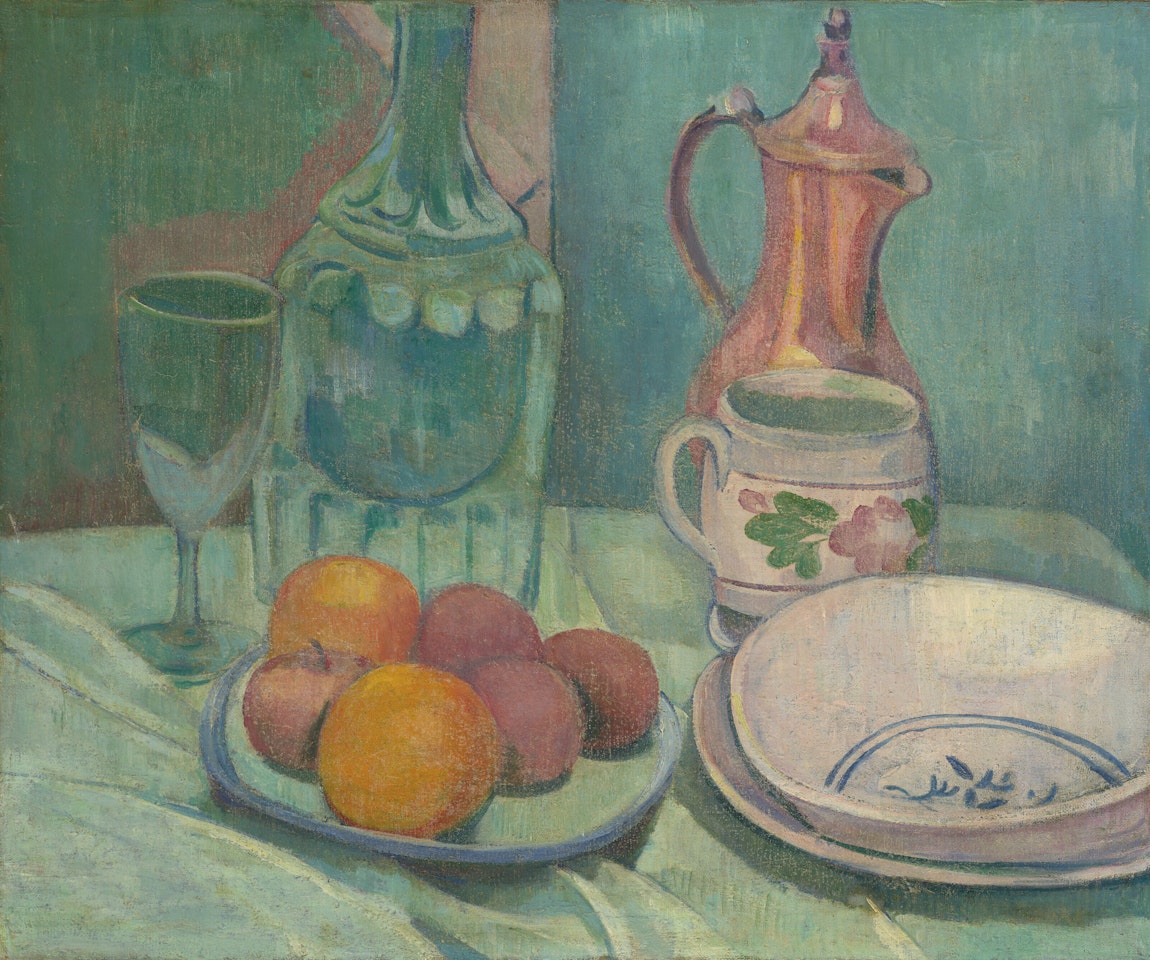 Nature morte (carafe, verre, fruits, assiettes, tasse et cafetière) by Emile Bernard
