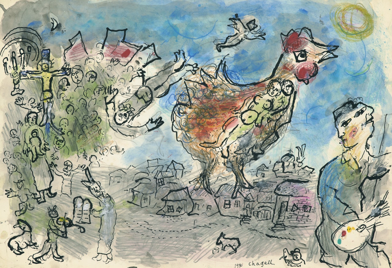 Le Coq aux amoureux du peintre au double-profil by Marc Chagall