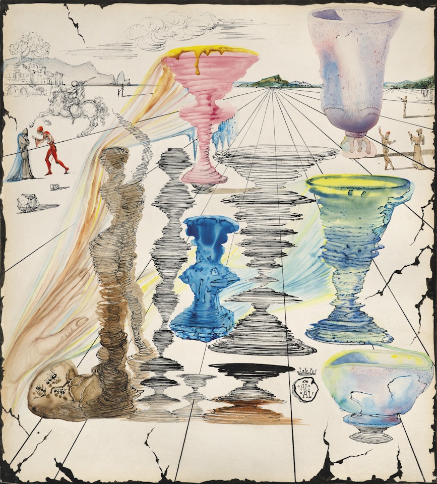 Main évocatrice, cavalier, silhouettes en ellipse, bougeoirs et coupes de verre dans un paysage surréaliste by Salvador Dali