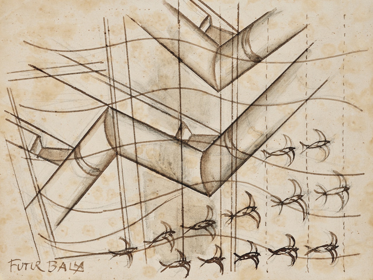 Linee andamentali + successioni dinamiche; Volo di rondini; studio by Giacomo Balla