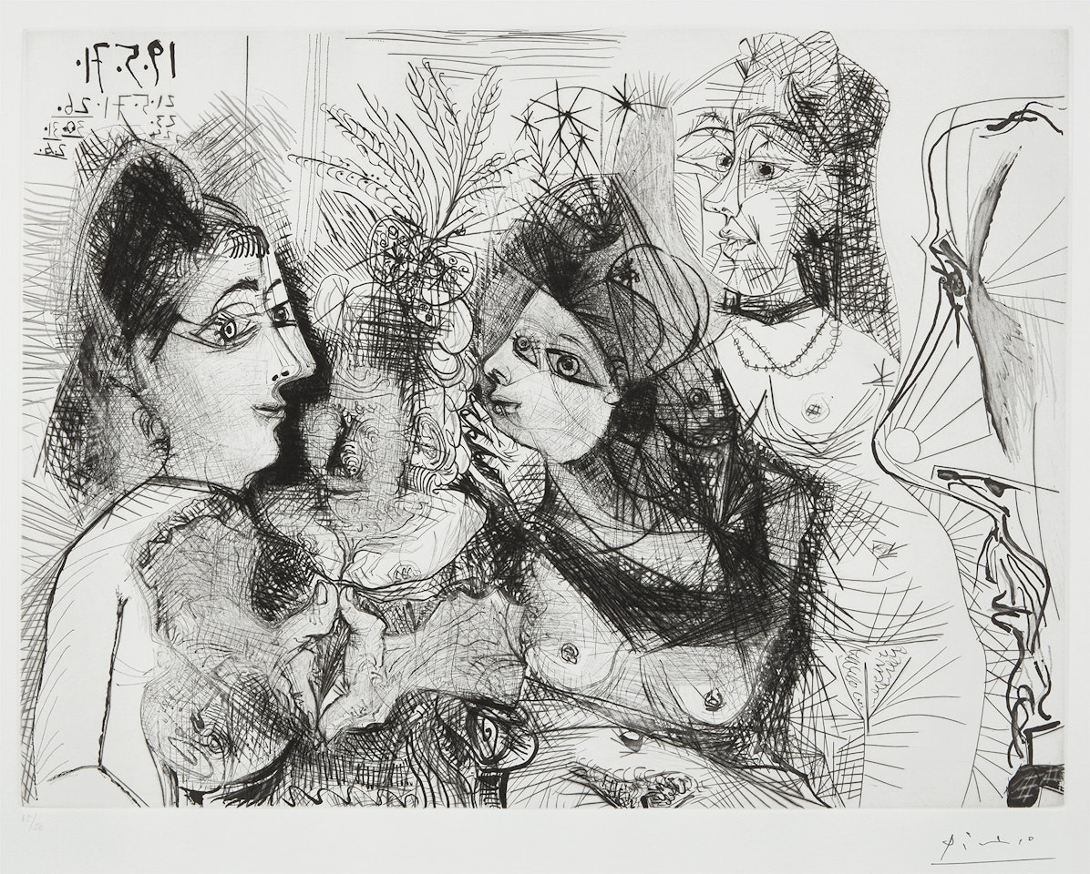 Maison close. Médisance. Avec profil de Degas au nez froncé (Brothel. Gossip. With profile of Degas with a wrinkled nose), plate 130 from 156 Series (Bl. 1985, Ba. 1995) by Pablo Picasso