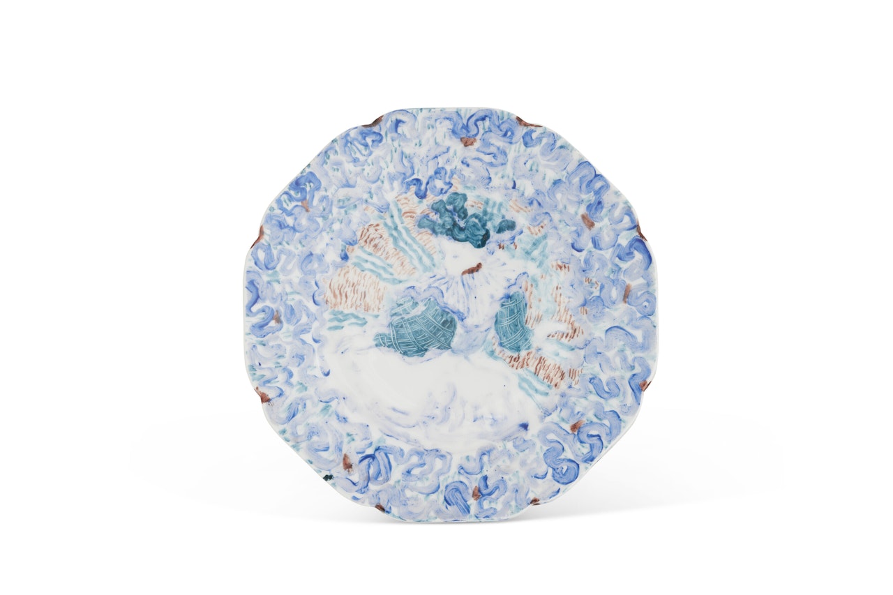 Femme assise à la blouse bleue et blanche (pièce du service de table commandé par Jean Schopfer) by Édouard Vuillard