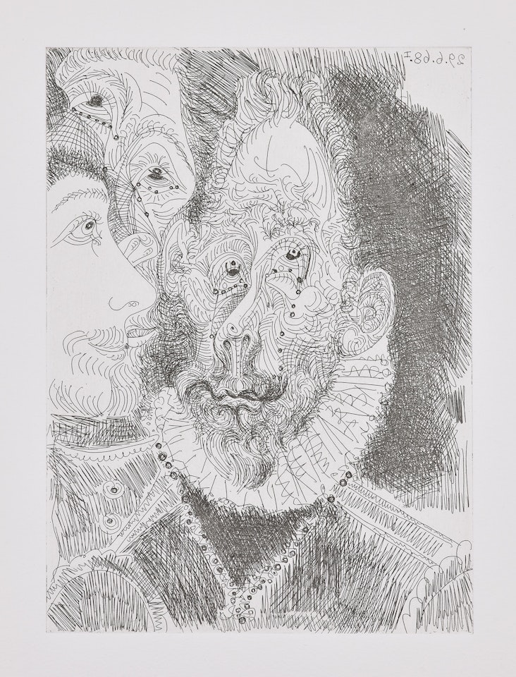 Portrait-Charge d'un des personnages de l'enterrement du Comte d'Orgaz, en Larmes (Character Portrait of one of the Characters at the Funeral of the Count of Orgaz, in Tears), plate 194 from 347 Series (Bl. 1674, Ba. 1690) by Pablo Picasso