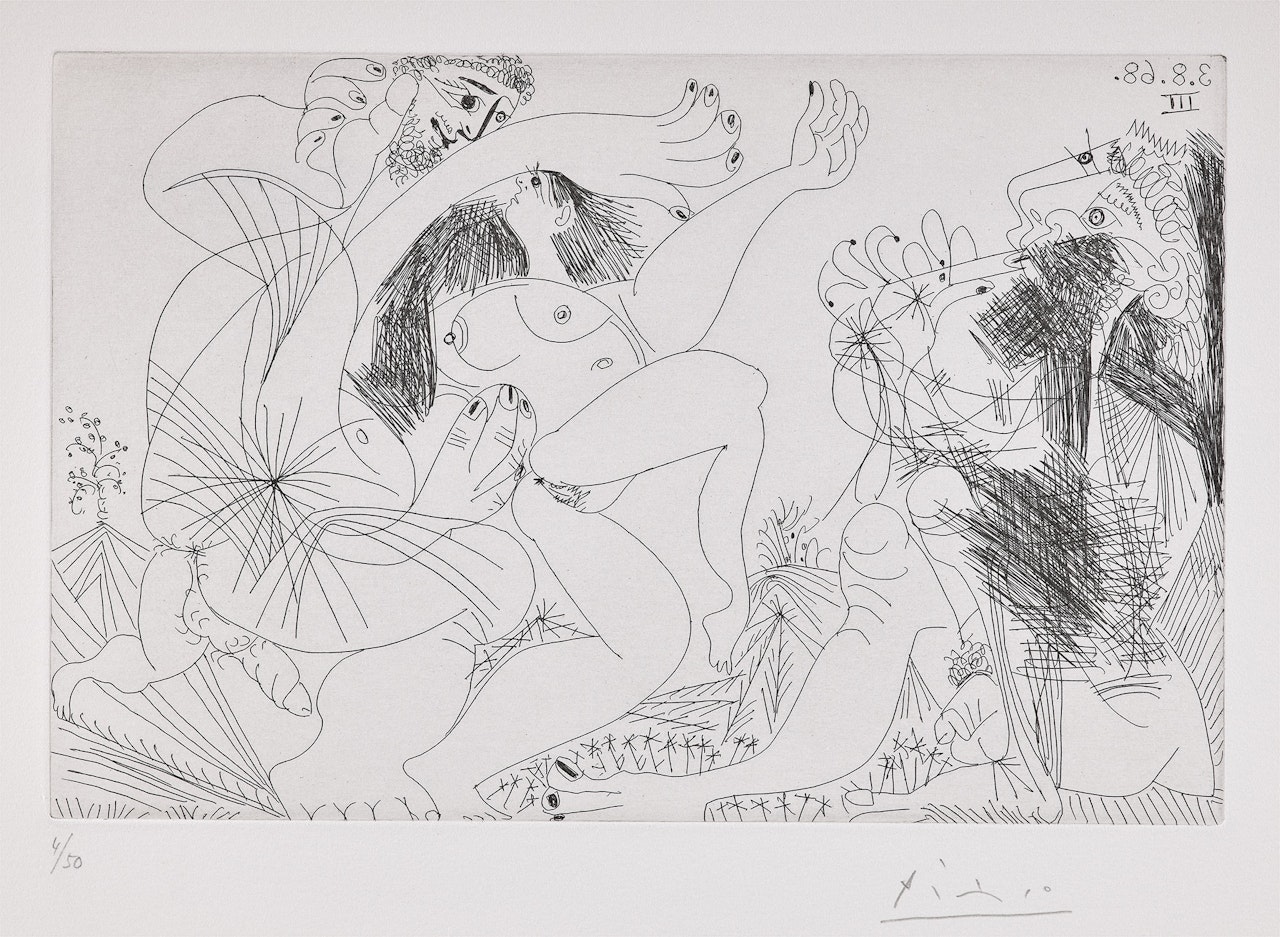 Oasis avec flûtiste et danseurs (Oasis with Flutist and Dancers), plate 238 from 347 Series (Bl. 1718, Ba. 1735) by Pablo Picasso