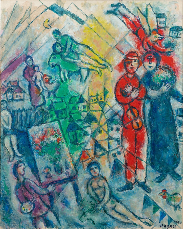 Le peintre et sa vision des couples en rouge, bleu et vert by Marc Chagall