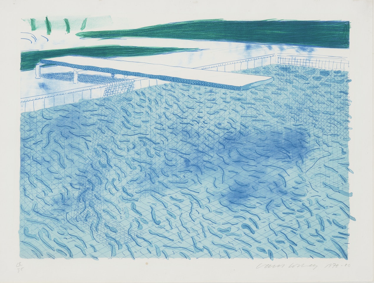 Lithograph of Water Made of Lines with Two Light Blue Washes by David Hockney