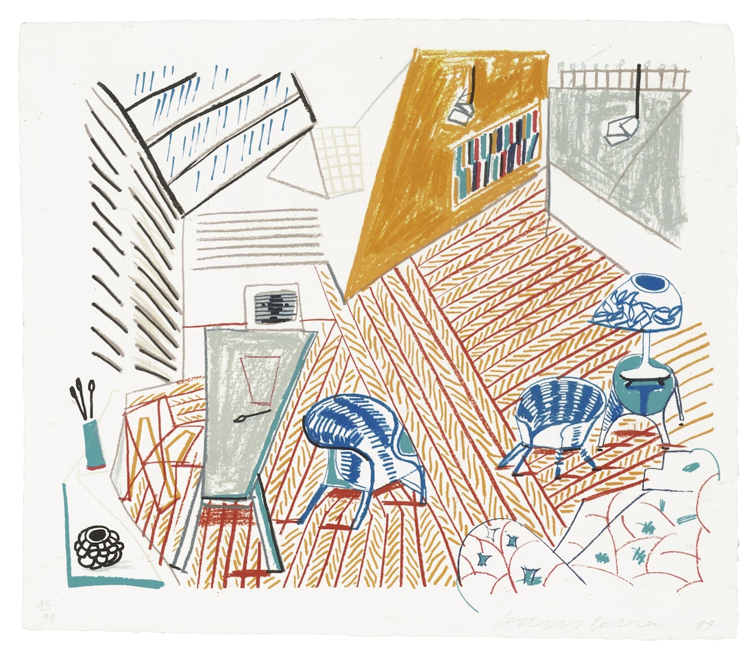 Pembroke Studio with Blue Chairs and Lamp, from Moving Focus by David Hockney