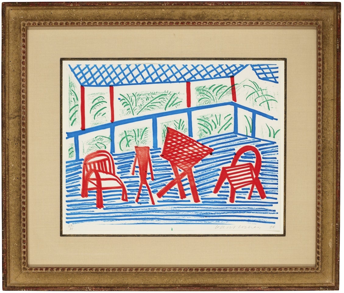 Two Red Chairs and Table, March by David Hockney