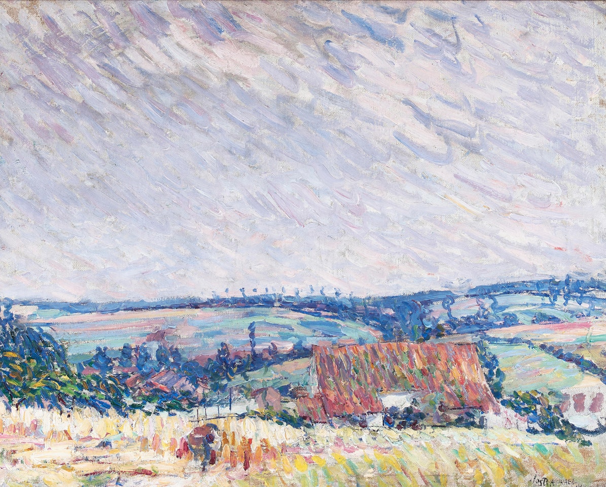 Wheat Harvester with Hills of Uccle Beyond (Belgium)  by Joseph Raphael
