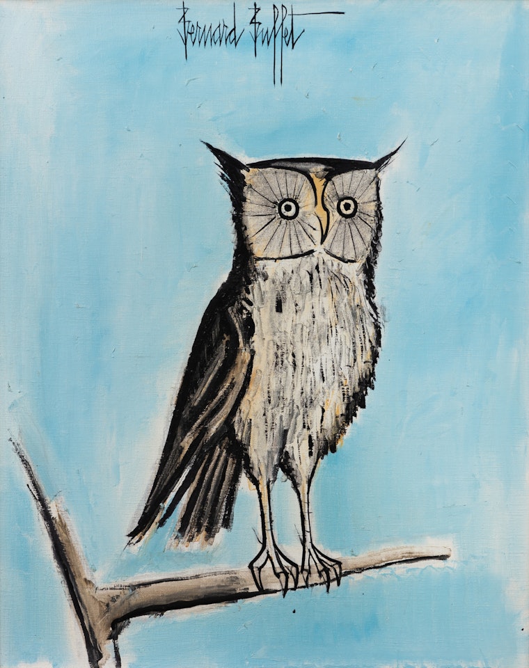 Hibou sur une branche, fond bleu by Bernard Buffet