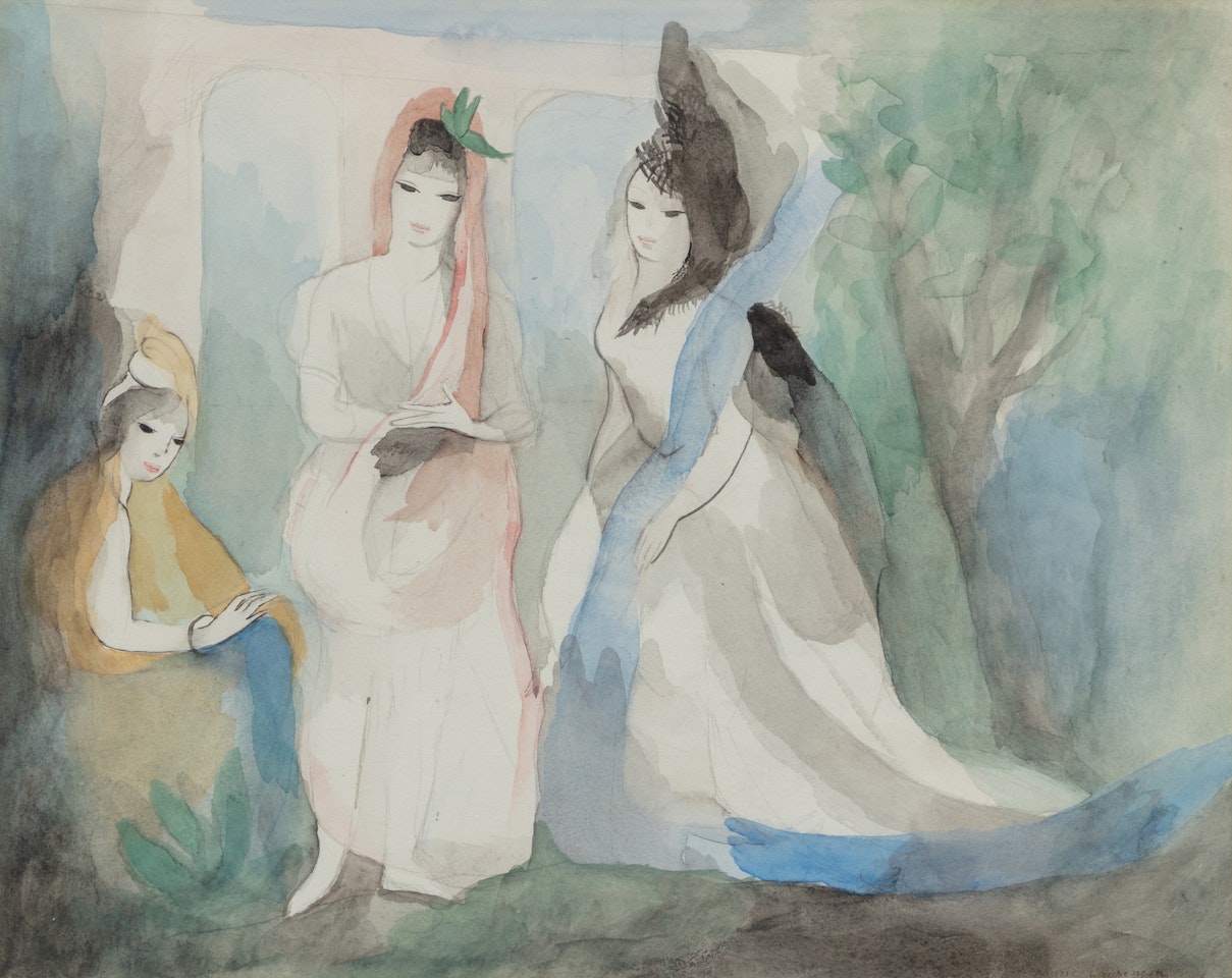 Trois jeunes femmes près d'un pont by Marie Laurencin