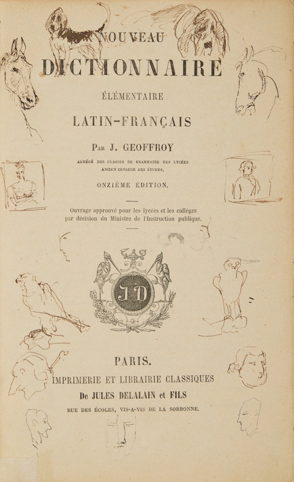 Dessins et croquis originaux dans les marges de son "Nouveau dictionnaire élémentaire latin-français" by Henri de Toulouse-Lautrec