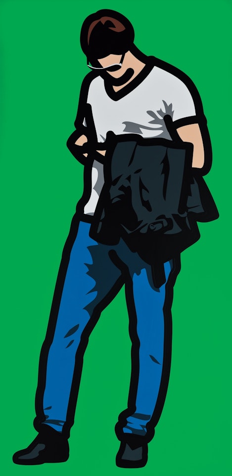 Man Wearing Dark Glasses, Texting with His Jacket Over His Arm by Julian Opie