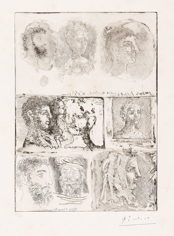 Feuille d'études techniques, neuf têtes by Pablo Picasso