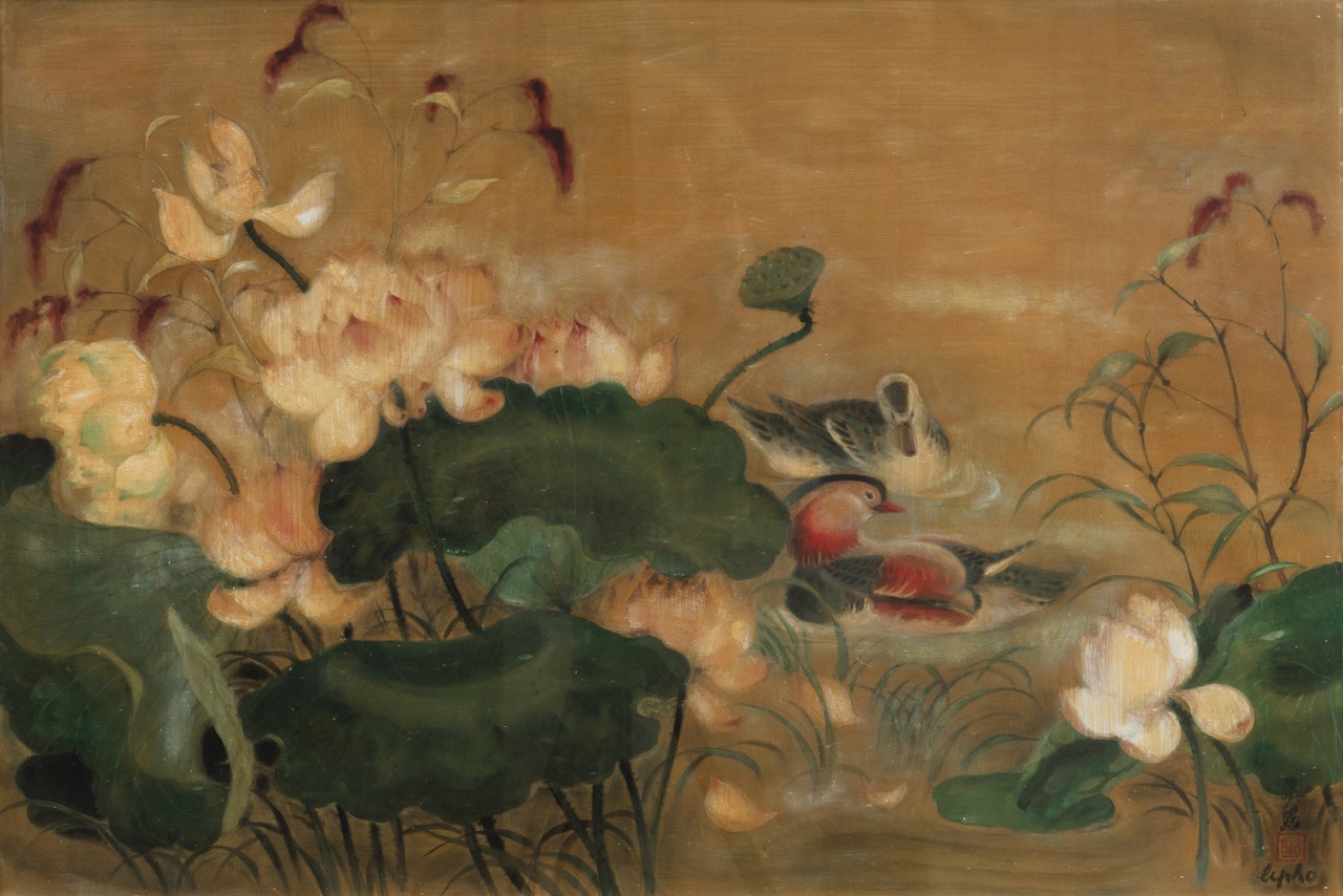 Mandarin ducks and lotus  by Le Pho