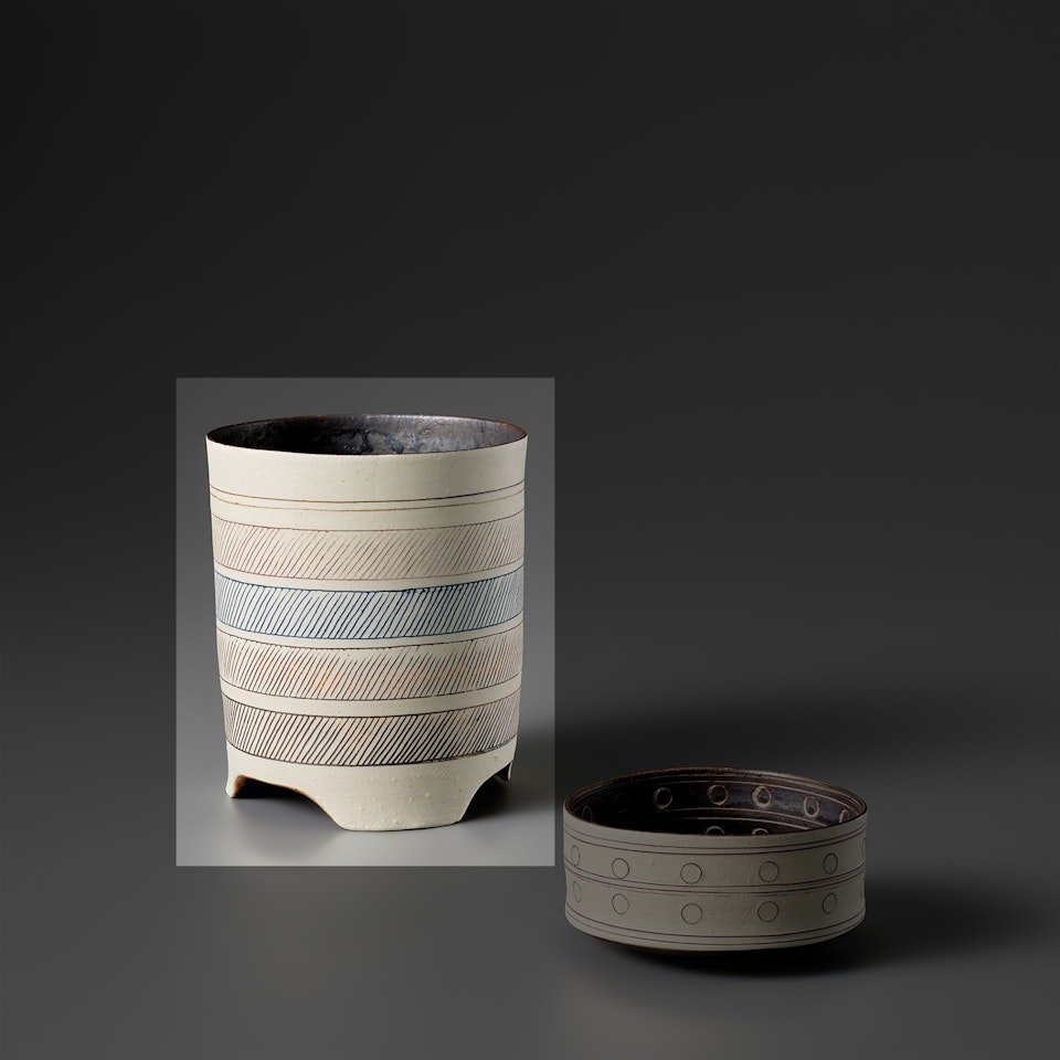 Cylindrical pot on tripod foot by Lucie Rie