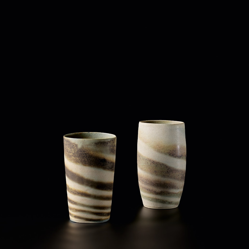 Oval cylindrical vase and ovoid vase by Lucie Rie