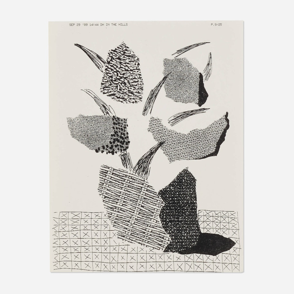 Flowers in Basket on Table Cloth by David Hockney