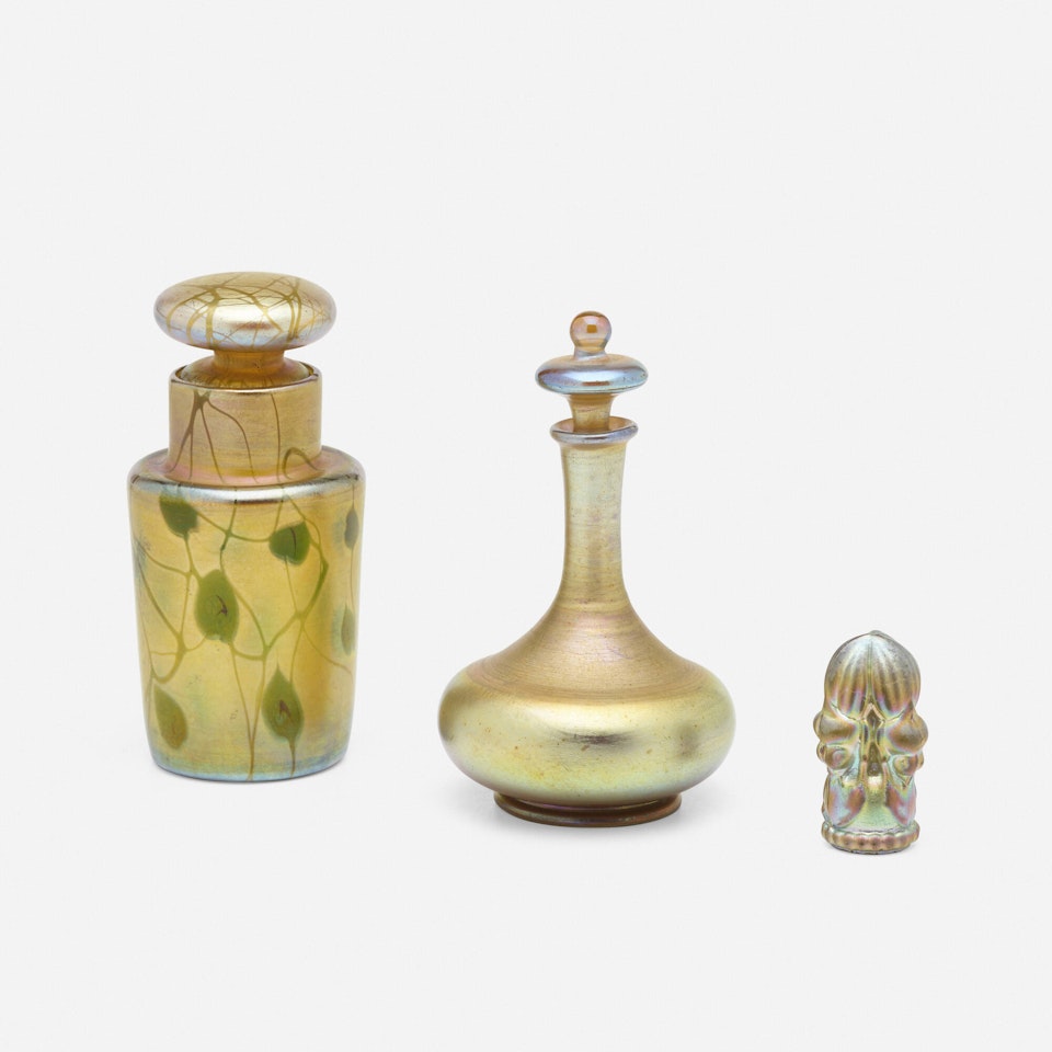 Perfume bottles, set of two and scarab wax seal by Tiffany Studios